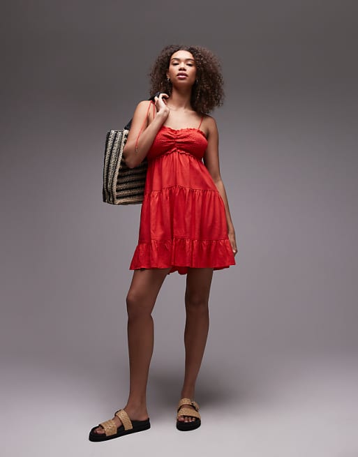 Emory Park tie shoulder linen tiered mini dress in red