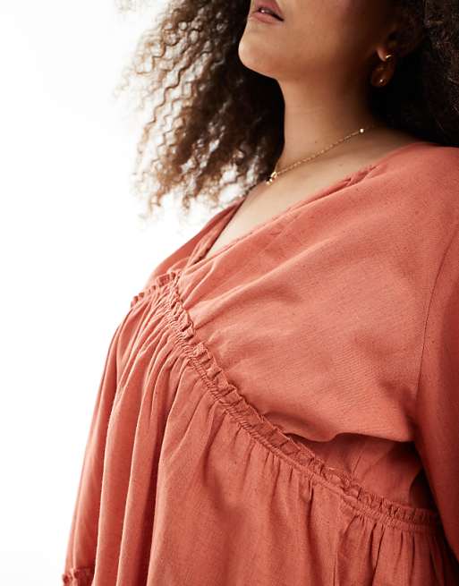 Esmee Curve Exclusive Tiered Long Sleeve Mini Beach Dress In Rust