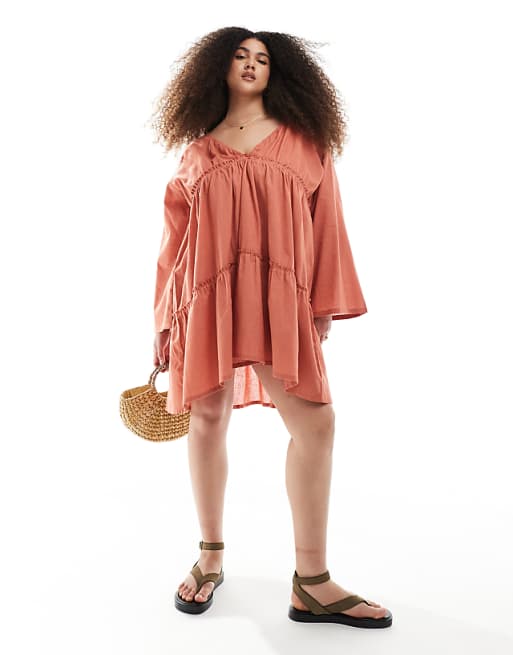 Esmee Curve Exclusive Tiered Long Sleeve Mini Beach Dress In Rust