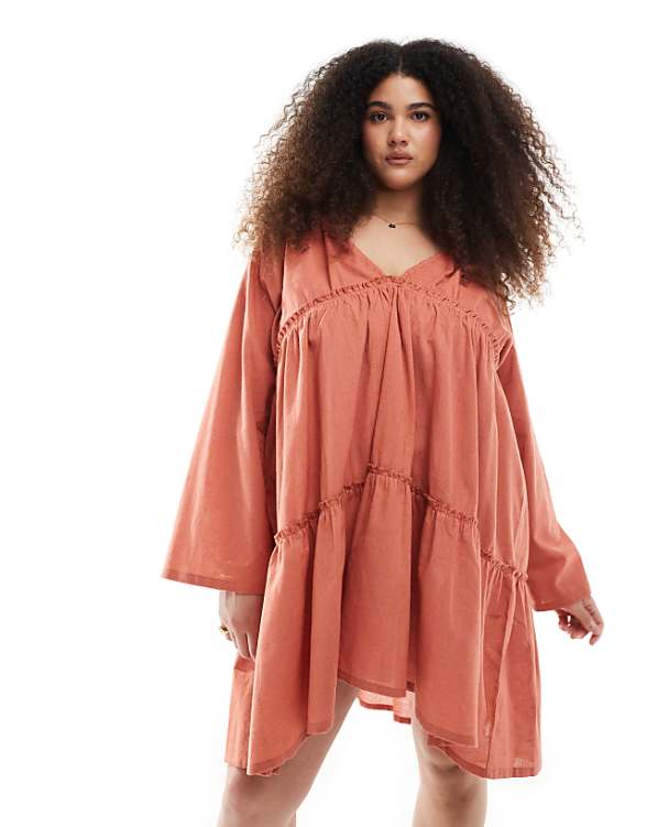 Esmee Curve Exclusive tiered long sleeve mini beach dress in rust