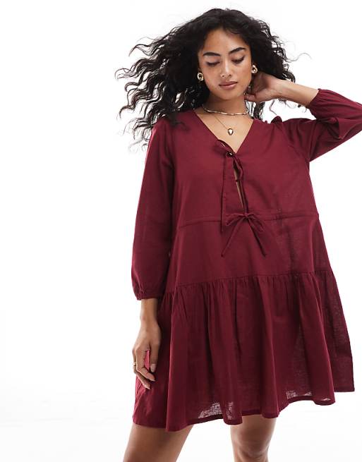 Esmee Exclusive Linen Mix Long Sleeve Tiered Mini Tie Front Beach Dress In Cherry Red
