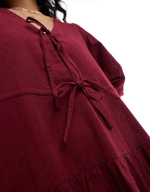 Esmee Exclusive Linen Mix Long Sleeve Tiered Mini Tie Front Beach Dress In Cherry Red