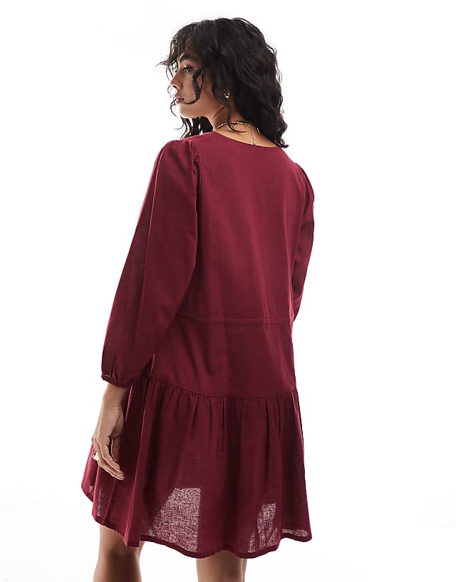 Esmee Exclusive Linen Mix Long Sleeve Tiered Mini Tie Front Beach Dress In Cherry Red