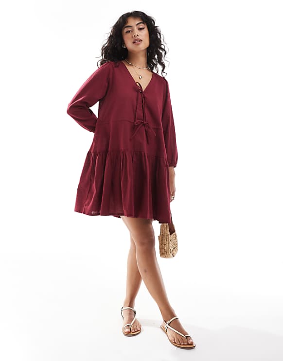 Esmee Exclusive linen mix long sleeve tiered mini tie front beach dress in cherry red