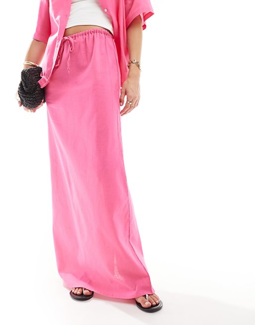 Esmee Linen Maxi Beach Skirt Co-ord In Bright Pink