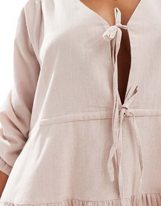 Esmee Linen Mix Long Sleeve Tiered Mini Tie Front Beach Dress Oat