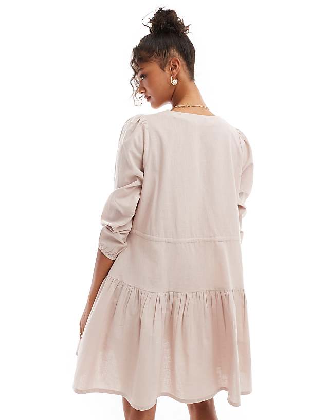 Esmee Linen Mix Long Sleeve Tiered Mini Tie Front Beach Dress Oat