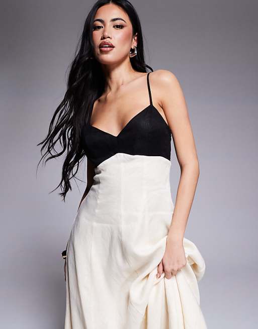 Forever New Contrast Linen Midaxi Dress In Black And Cream