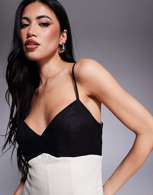 Forever New Contrast Linen Midaxi Dress In Black And Cream