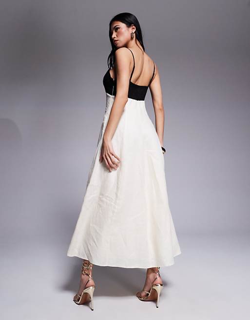 Forever New Contrast Linen Midaxi Dress In Black And Cream