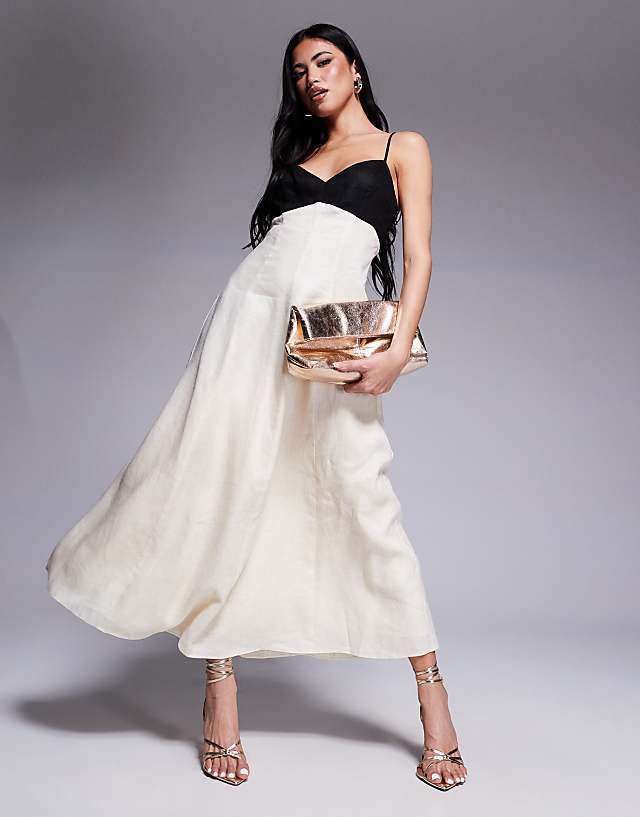 Forever New contrast linen midaxi dress in black and cream