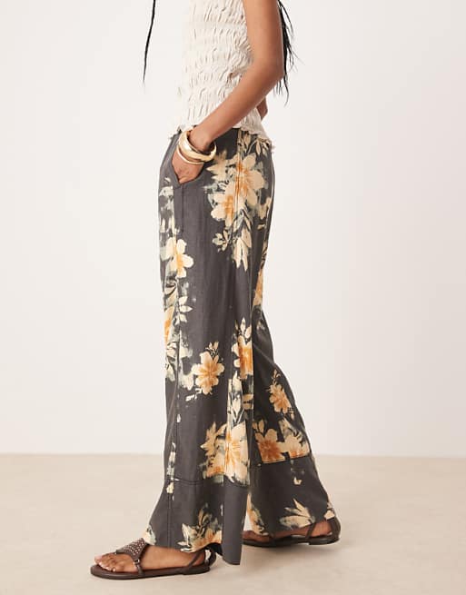 Free People Days End Printed Wide Leg Linen Trousers In Washed Black Combo