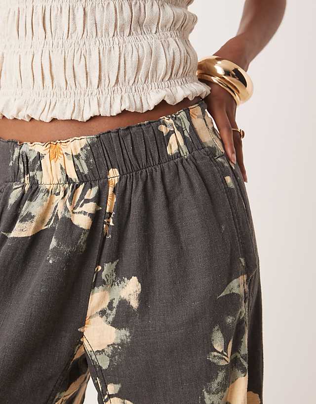 Free People Days End Printed Wide Leg Linen Trousers In Washed Black Combo