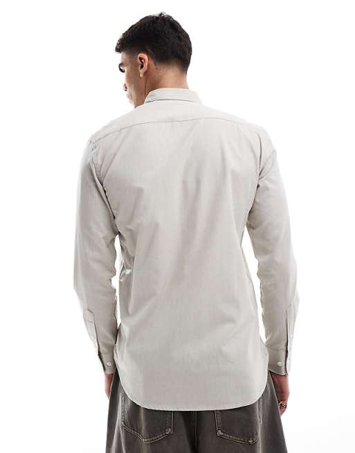 French Connection Smart Fitted Long Sleeve Logo Shirt In Stone