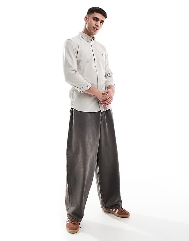 French Connection Smart Fitted Long Sleeve Logo Shirt In Stone