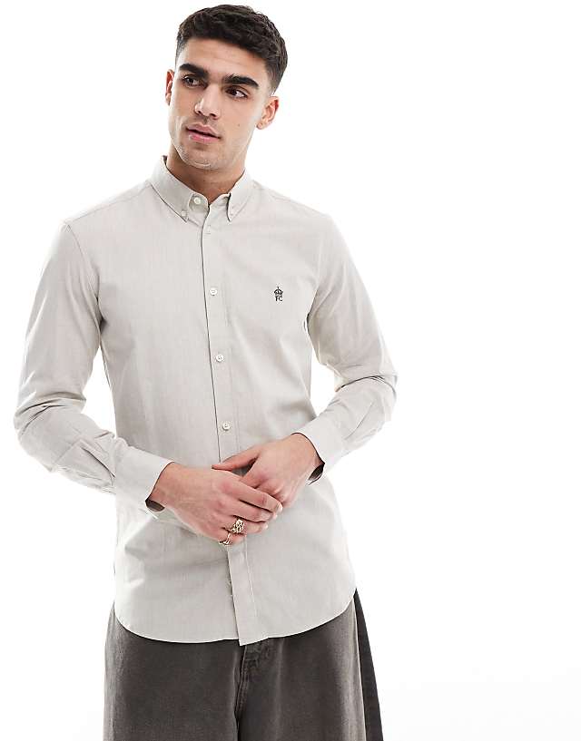 French Connection smart fitted long sleeve logo shirt in stone