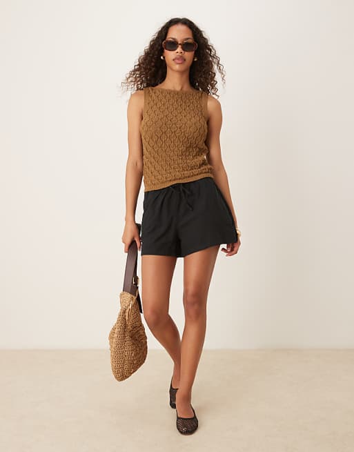 Gina Tricot Relaxed Fit Drawstring Linen Shorts In Black