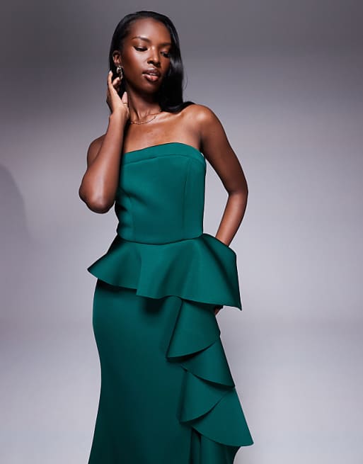Goddiva Boobtube Peplum Waterfall Frill Maxi Dress In Emerald
