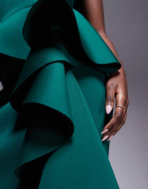 Goddiva Boobtube Peplum Waterfall Frill Maxi Dress In Emerald
