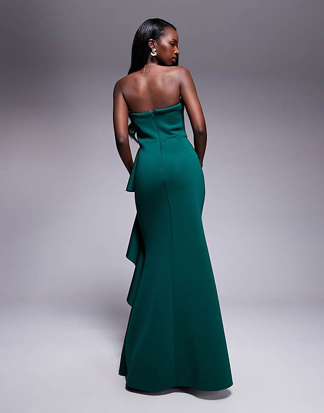 Goddiva Boobtube Peplum Waterfall Frill Maxi Dress In Emerald