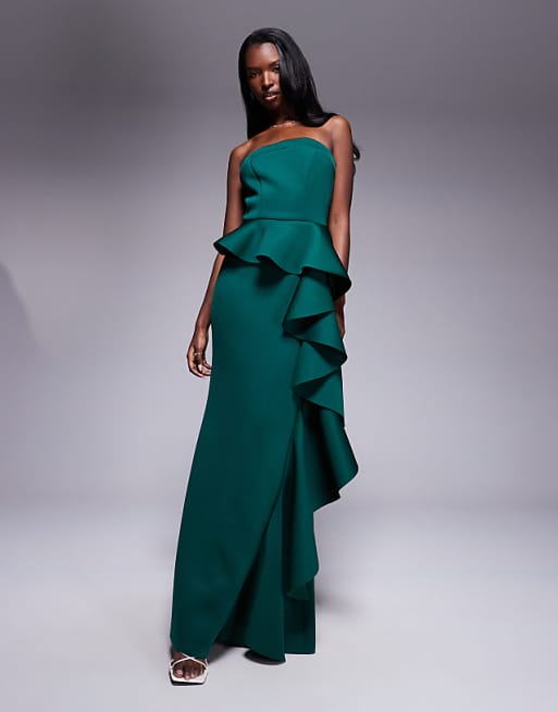 Goddiva Boobtube peplum waterfall frill maxi dress in emerald