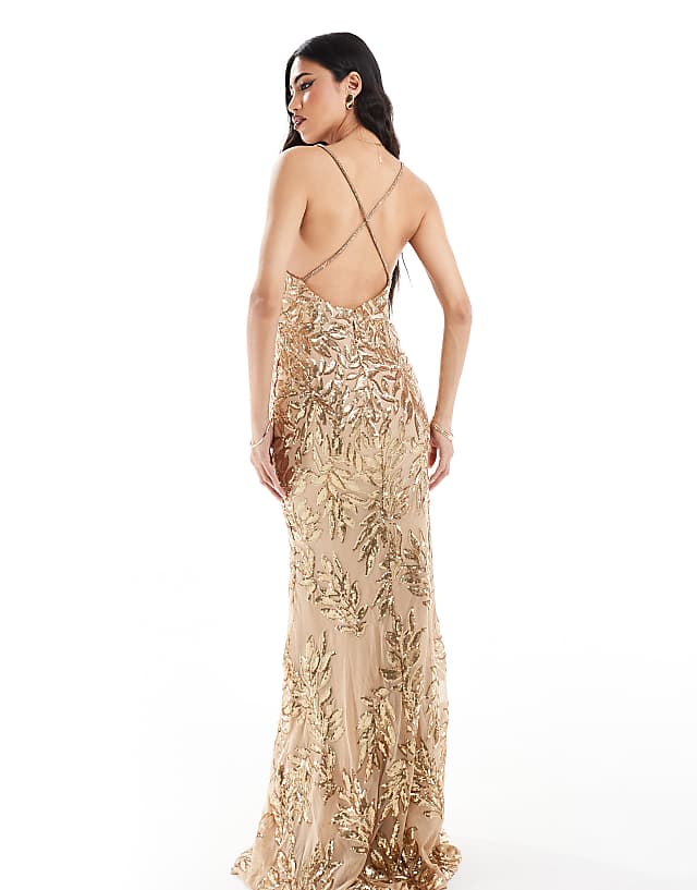 Goddiva Cross Back Diamante Strap Sequin Maxi In Gold