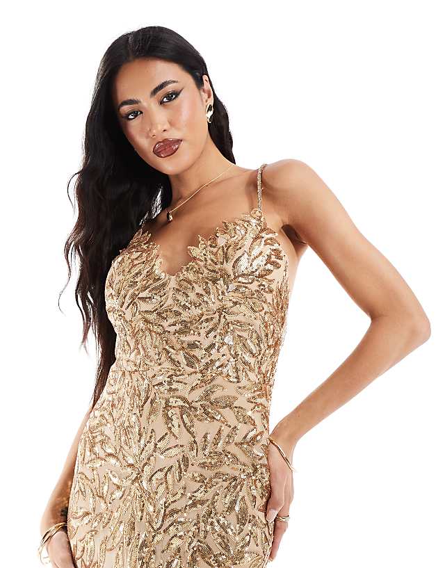 Goddiva Cross Back Diamante Strap Sequin Maxi In Gold