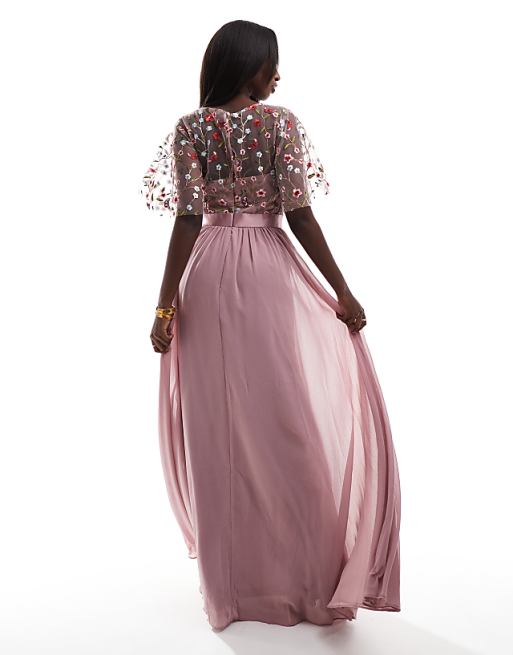 Goddiva Embroidered Mesh Maxi Dress In Rose Pink