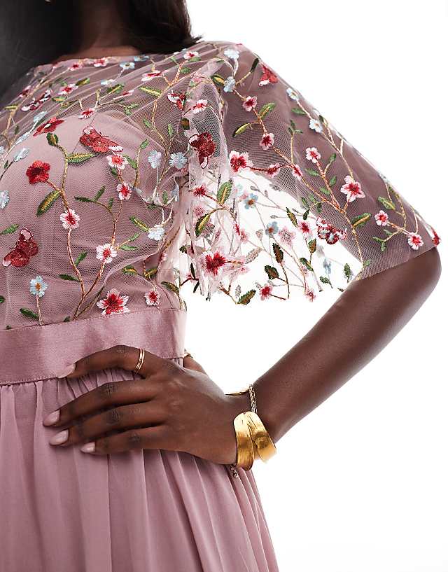 Goddiva Embroidered Mesh Maxi Dress In Rose Pink