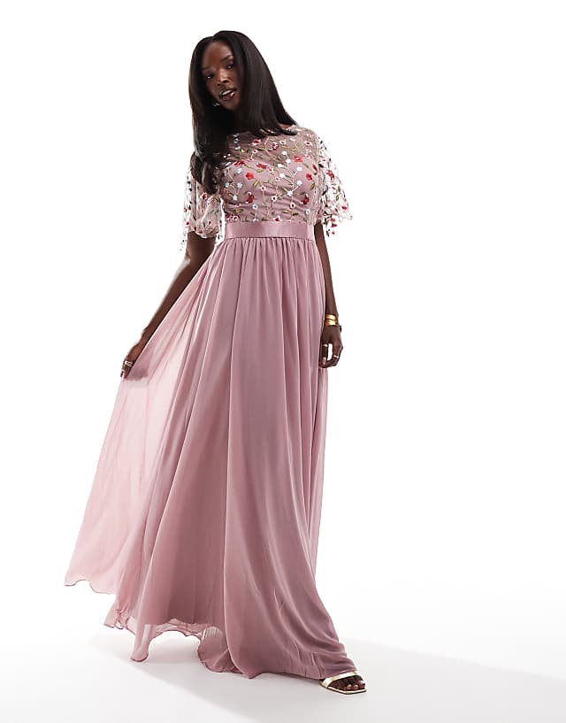 Goddiva Embroidered Mesh Maxi Dress In Rose Pink