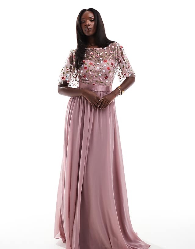 Goddiva Embroidered Mesh Maxi Dress in Rose Pink