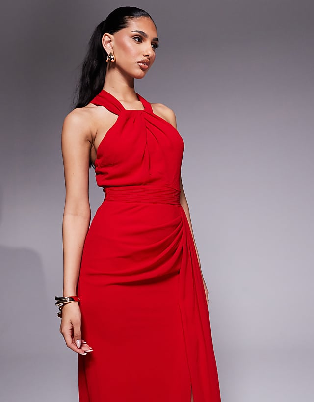 Goddiva Halterneck Thigh Split Chiffon Maxi Dress In Red