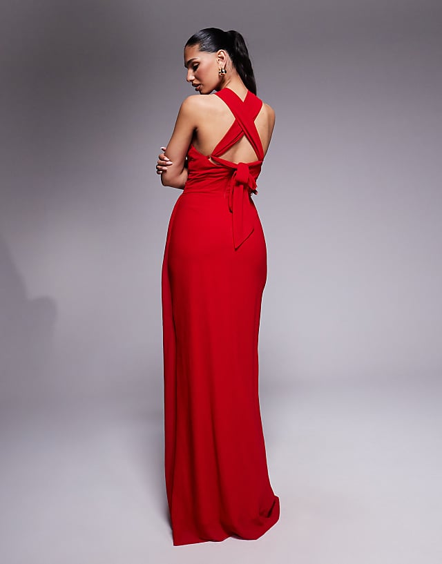 Goddiva Halterneck Thigh Split Chiffon Maxi Dress In Red