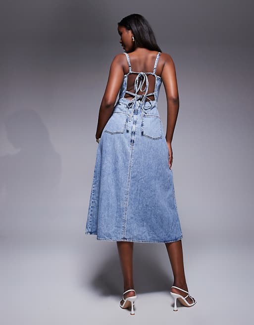 Good American Fit For Success Lite Linen Midi Dress In Mid Blue