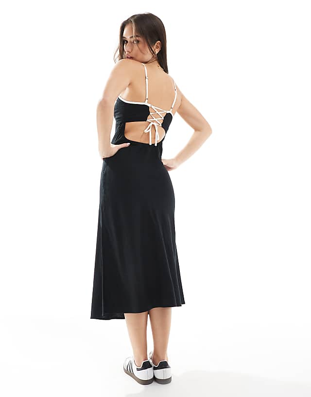 Hollister Linen Slip Maxi Dress With Contrast Binding In Black