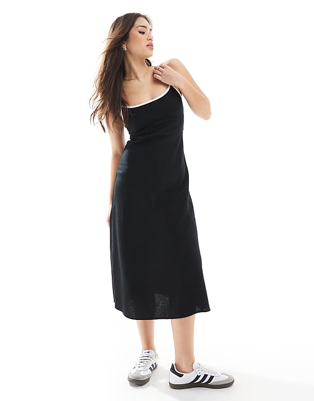 Hollister linen slip maxi dress with contrast binding in black