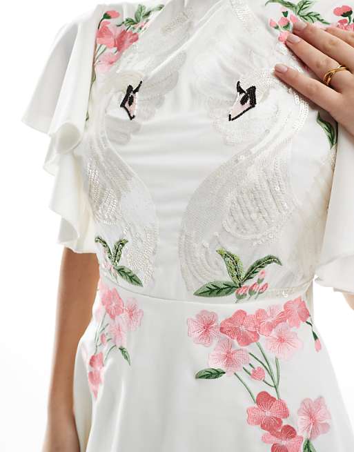 Hope & Ivy Bridal Swan Embellished Open Back Maxi Dress In Ivory