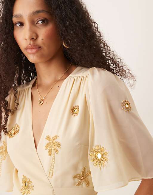 Hope & Ivy Embellished Maxi Wrap Dress In Pale Buttermilk