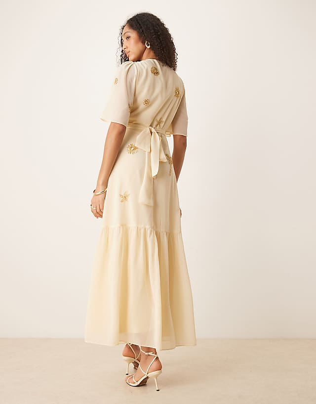 Hope & Ivy Embellished Maxi Wrap Dress In Pale Buttermilk