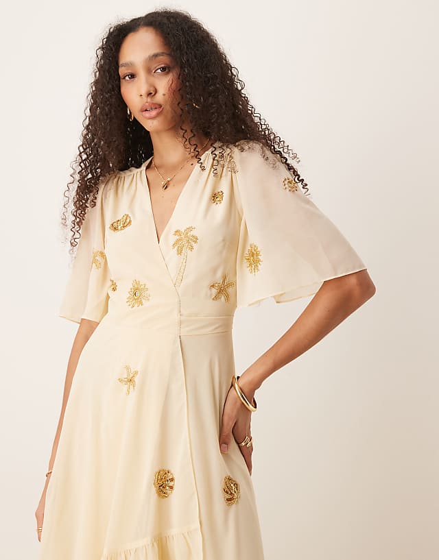 Hope & Ivy Embellished Maxi Wrap Dress In Pale Buttermilk