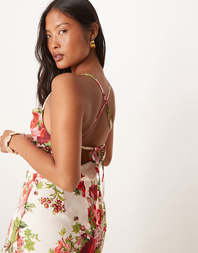 Hope & Ivy Petite Cowl Neck Cross Back Maxi Dress With Thigh Split In White Red Floral