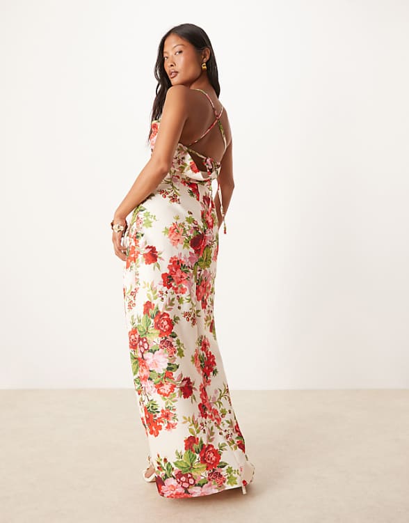 Hope & Ivy Petite Cowl Neck Cross Back Maxi Dress With Thigh Split In White Red Floral