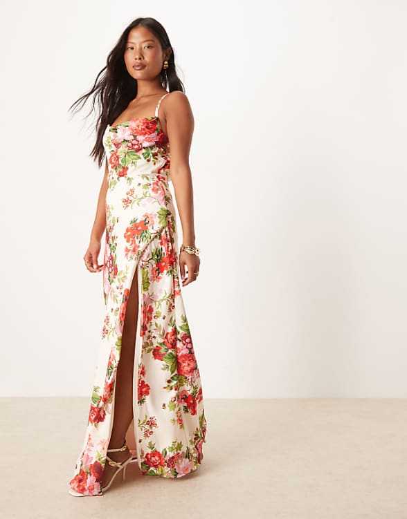 Hope & Ivy Petite Cowl Neck Cross Back Maxi Dress With Thigh Split In White Red Floral
