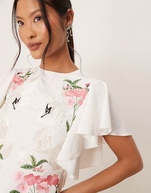 Hope & Ivy Petite Swan Embellished Open Back Mini Dress In Ivory