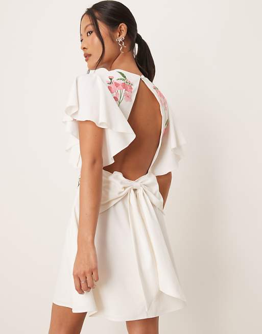 Hope & Ivy Petite Swan Embellished Open Back Mini Dress In Ivory