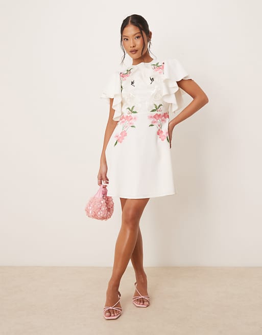 Hope & Ivy Petite Swan Embellished Open Back Mini Dress In Ivory