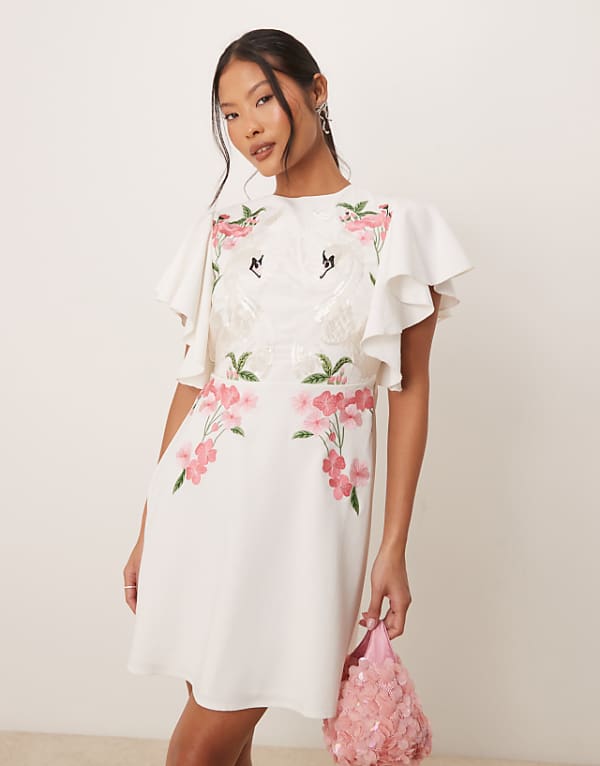 Hope & Ivy Petite swan embellished open back mini dress in ivory