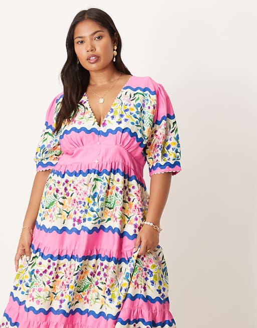 Hope & Ivy Plus V-neck Puff Sleeve Midi Smock Dress In Multi