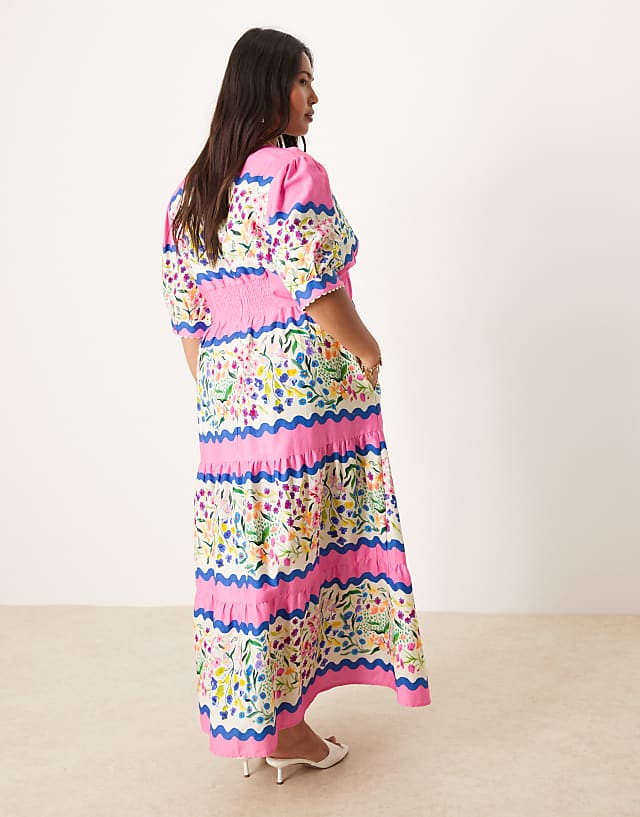 Hope & Ivy Plus V-neck Puff Sleeve Midi Smock Dress In Multi