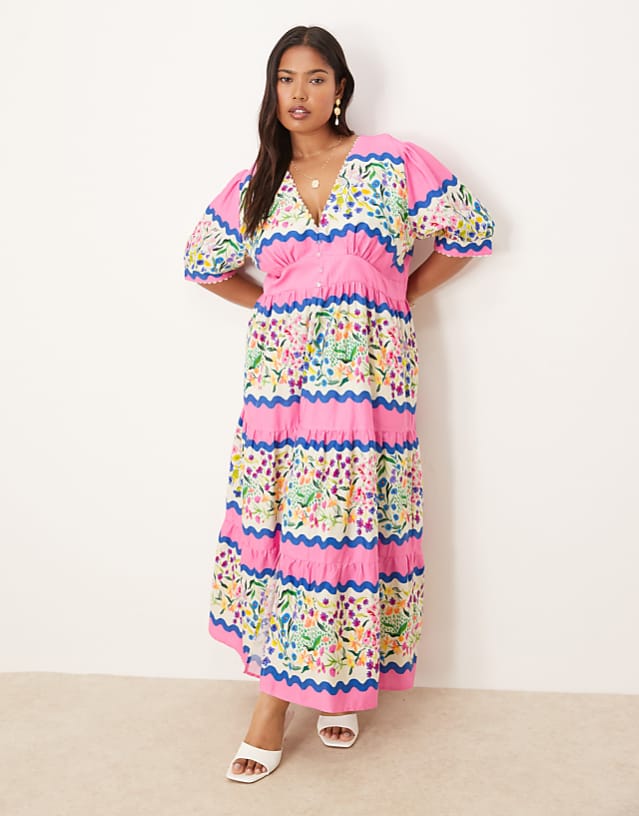 Hope & Ivy Plus V-neck Puff Sleeve Midi Smock Dress In Multi